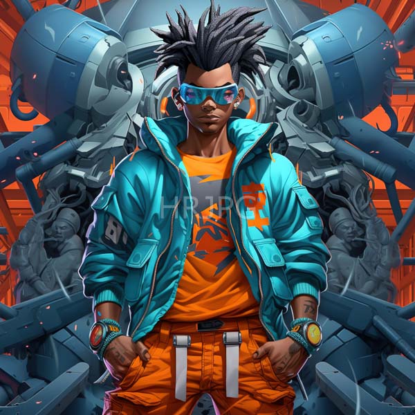 High Resolution: Dark-skinned muscular man spiky black hair wearing blue reflective sunglasses turquoise bomber jacket orange accents orange pants He stands confidently download. | HRJPG.com