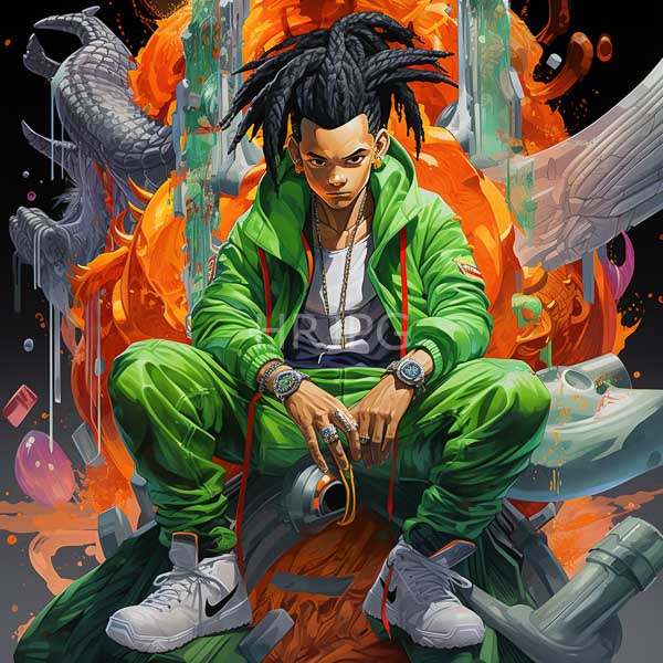 High Resolution: Young Black man dreadlocks wearing green hoodie matching pants white Nike sneakers gold chain He sits confidently amidst chaotic orange download. | HRJPG.com