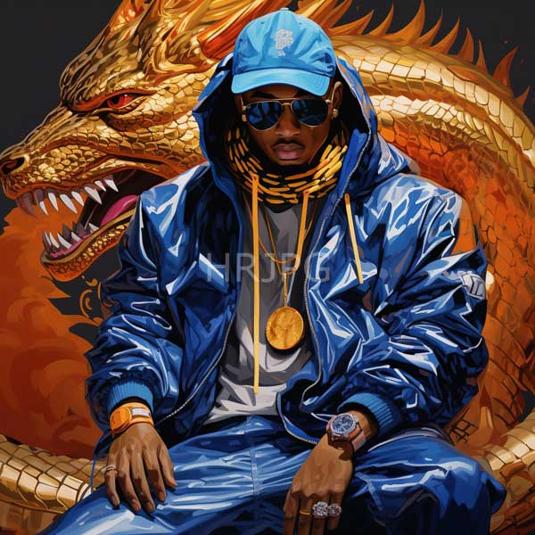 High Resolution: Black man dark skin wearing shiny blue hooded jacket matching pants blue cap He has gold chains large gold medallion download. | HRJPG.com