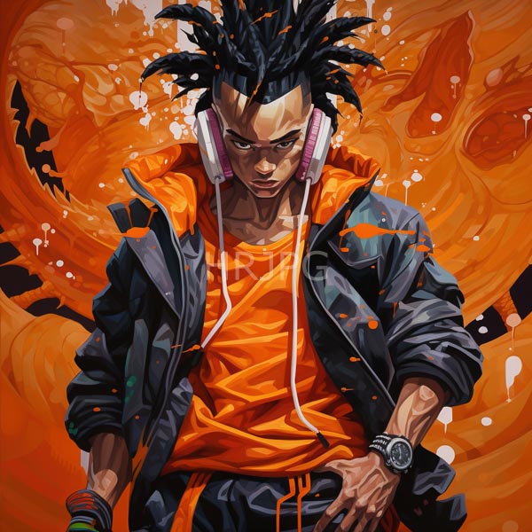 High Resolution: Muscular dark-skinned man black dreadlocks wearing orange hoodie black jacket white headphones He has serious expression black wristwatch his left download. | HRJPG.com