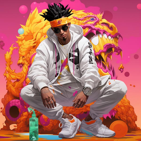 High Resolution: Dark-skinned man spiky black hair wearing orange headband dark sunglasses white hoodie white pants He squats confidently adorned watch and download. | HRJPG.com