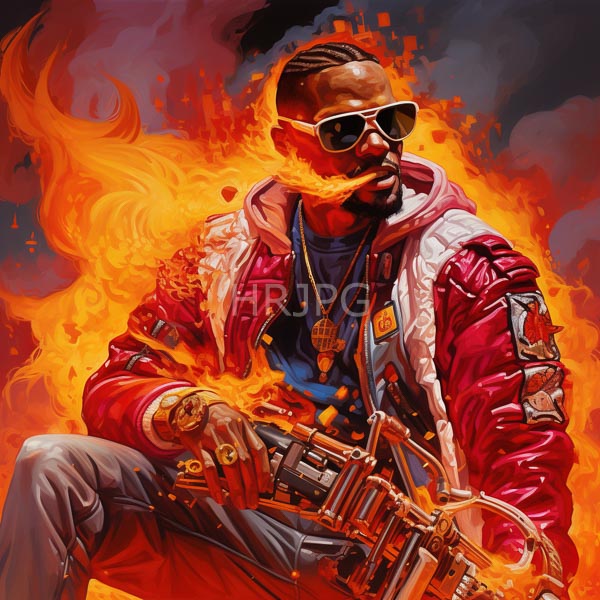 High Resolution: Muscular Black man braided hair wearing white sunglasses red and white quilted jacket blue shirt He surrounded vivid orange flames download. | HRJPG.com
