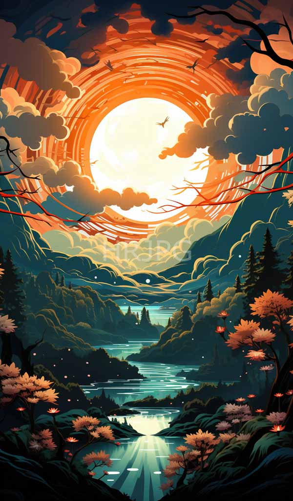High Resolution: Vibrant sunset over serene mountain valley large glowing sun circular rays illuminates sky surrounded fluffy clouds download. | HRJPG.com