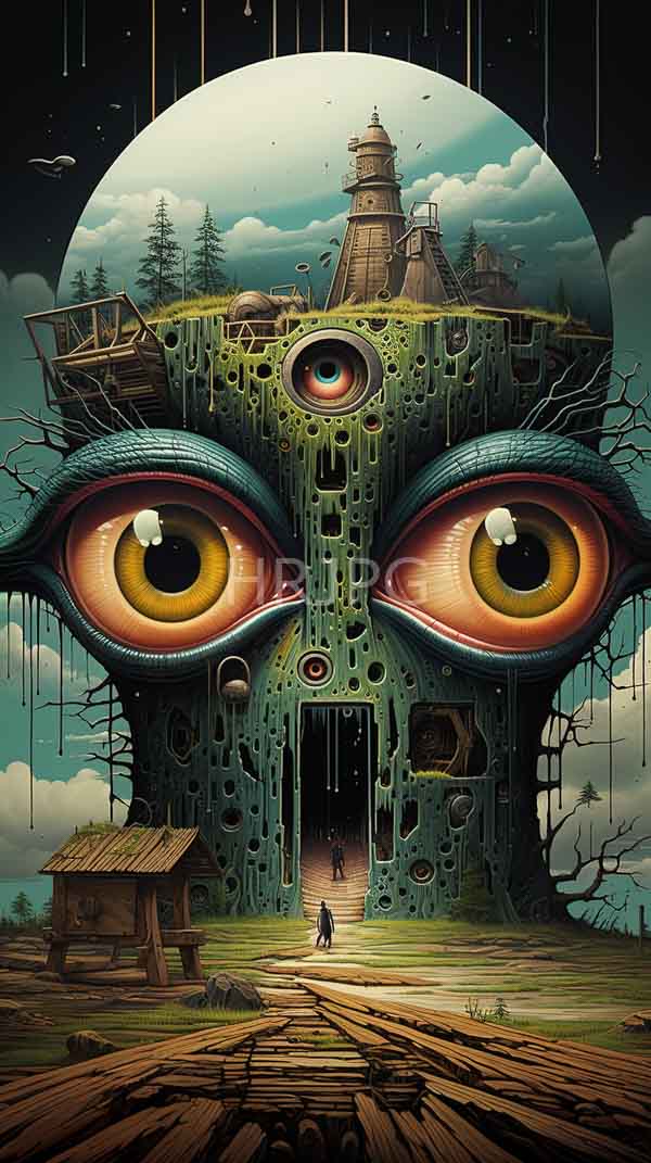 High Resolution: Surreal giant green eye-like structure two large detailed yellow-brown eyes structure has textured organic appearance holes and patterns download. | HRJPG.com