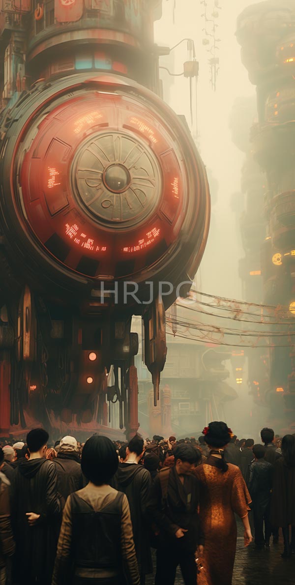 High Resolution: Foggy futuristic city street filled diverse dressed individuals facing massive red circular mechanical structure adorned glowing symbols download. | HRJPG.com