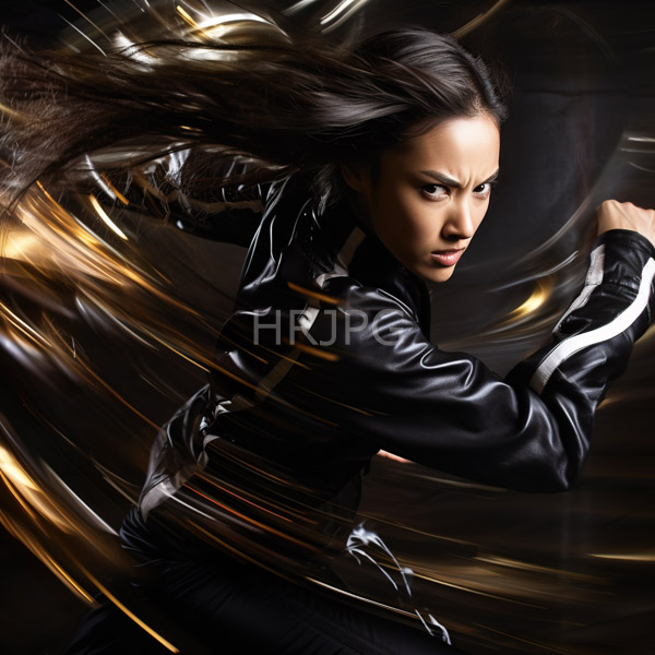 High Resolution: Fierce young Asian woman long flowing dark hair wearing shiny black leather jacket She dynamic action pose determined expression and download. | HRJPG.com