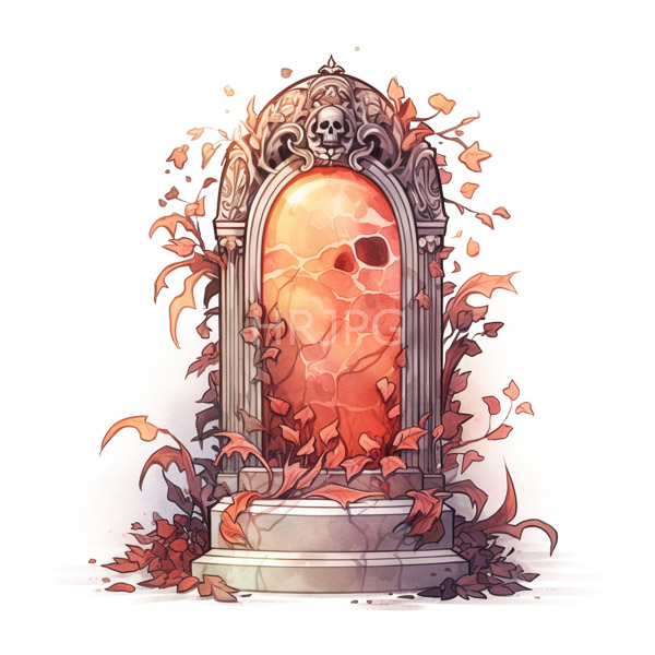 High Resolution: Ornate Gothic-style tombstone large glowing red marble slab featuring cracks and central hole tombstone adorned intricate carvings skull top download. | HRJPG.com