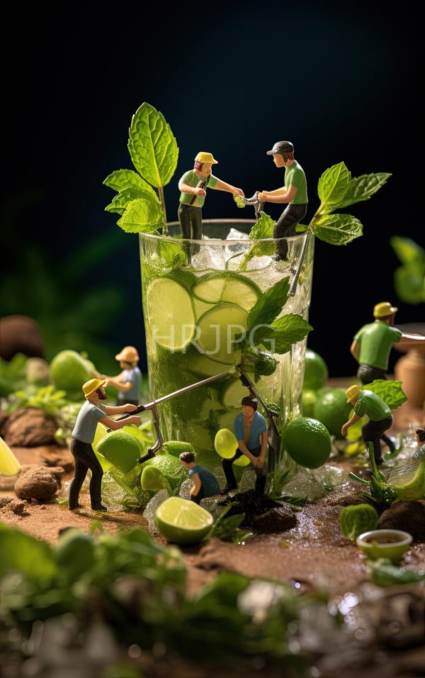 High Resolution: Miniature diorama tiny figurines men green and blue shirts working tall glass filled ice and lime slices surrounded fresh download. | HRJPG.com