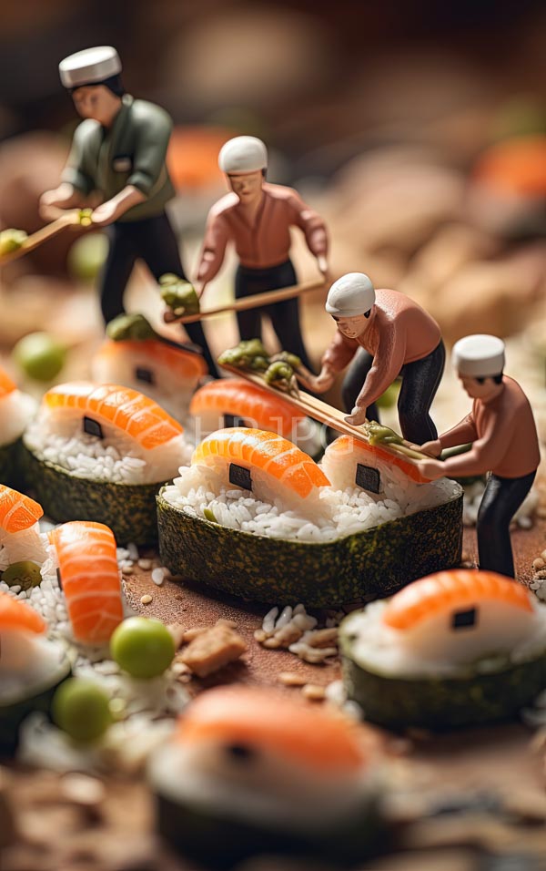 High Resolution: Miniature diorama four small detailed figurines white helmets brown shirts pulling wooden cart laden sushi rolls topped salmon and download. | HRJPG.com