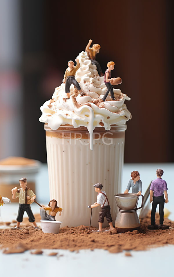 High Resolution: Whimsical dessert scene tall cream-filled cupcake topped generous swirl whipped cream Small detailed figurines six men various outfits download. | HRJPG.com