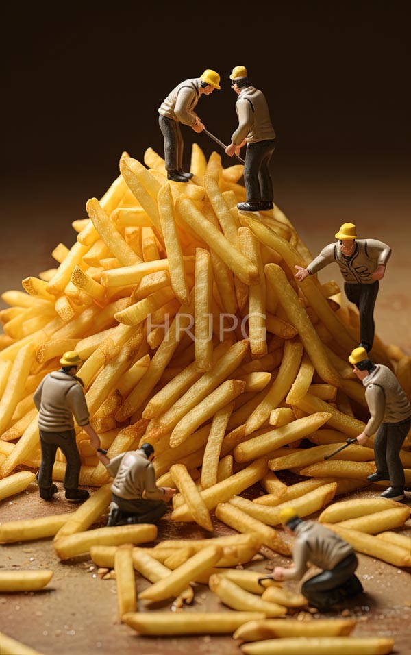 High Resolution: Miniature scene six small detailed figurines men yellow hard hats gray uniforms working towering pile golden crispy French download. | HRJPG.com