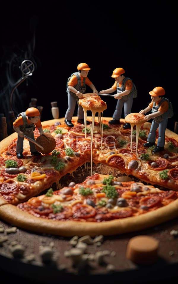 High Resolution: Detailed miniature figurine scene large pizza Five construction workers wearing orange helmets and blue overalls slicing and serving pizza download. | HRJPG.com