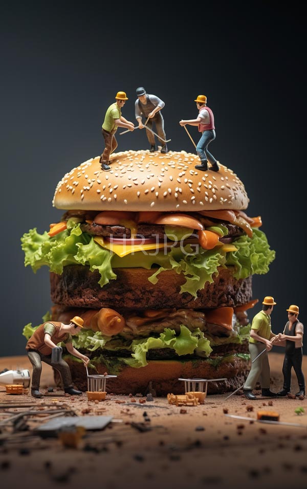 High Resolution: Surreal scene six miniature cartoon-style construction workers yellow hard hats green shirts blue jeans building massive hamburger sesame seed download. | HRJPG.com