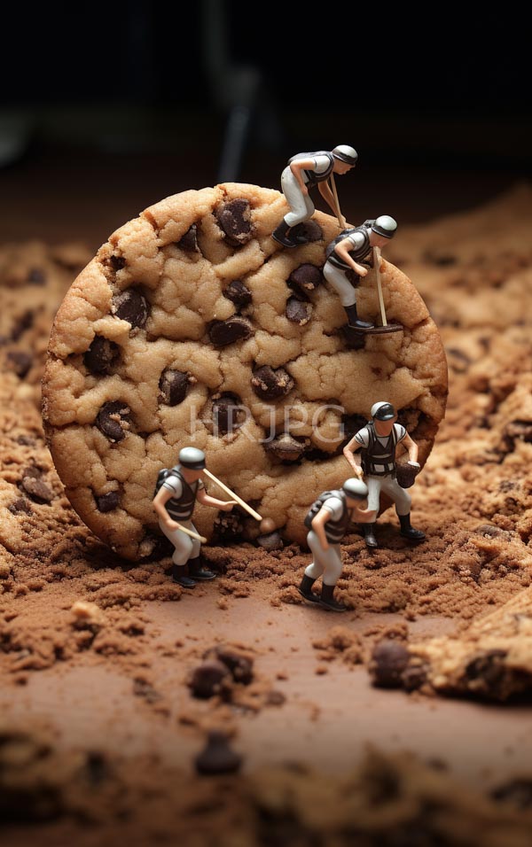 High Resolution: Four small detailed figurines resembling baseball players climbing and standing large chocolate chip cookie cookie centered textured crumbly surface download. | HRJPG.com