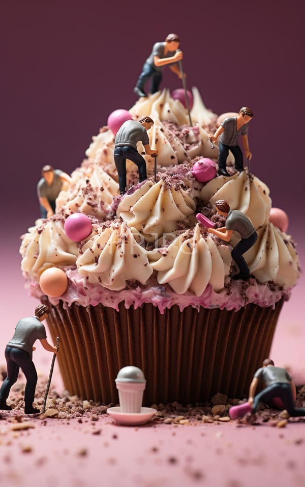 High Resolution: Whimsical cupcake adorned white and pink swirled frosting topped small detailed figurines men various activities such carrying tools and download. | HRJPG.com