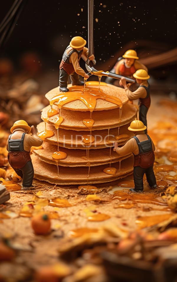High Resolution: Miniature diorama six toy workers yellow helmets brown overalls stacking and pouring golden syrup onto towering stack pancakes download. | HRJPG.com