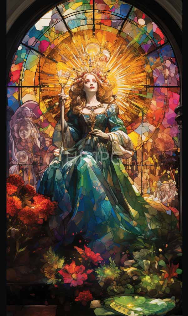 High Resolution: Radiant fair-skinned woman flowing red hair wearing green ornate gown holding staff She surrounded golden halo and colorful stained download. | HRJPG.com