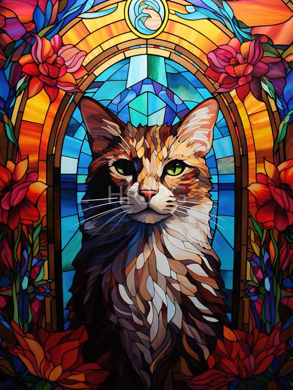 High Resolution: Calico cat green eyes framed vibrant stained glass-style archway adorned red and orange flowers cat's fur intricately detailed brown download. | HRJPG.com