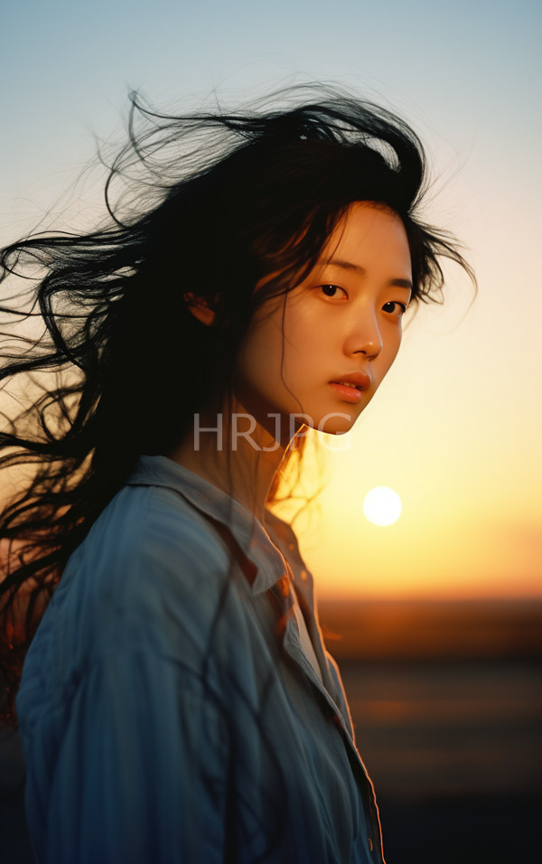 High Resolution: Asian woman long flowing black hair wearing white shirt standing against sunset backdrop Her hair windswept and she gazes download. | HRJPG.com