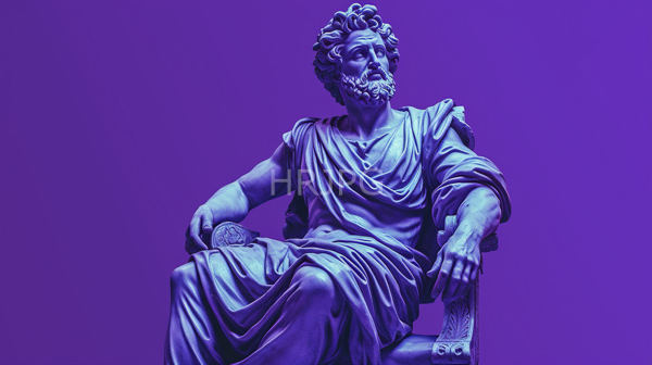 High Resolution: Classical marble statue older bearded man curly hair wearing draped robes seated detailed chair statue illuminated purple light creating download. | HRJPG.com