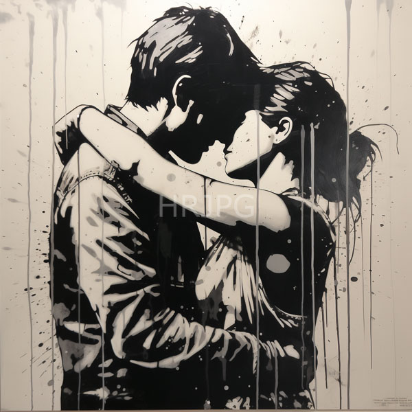 High Resolution: Black and white ink-based street art-style romantic couple embracing man short hair left wearing jacket while woman her hair download. | HRJPG.com