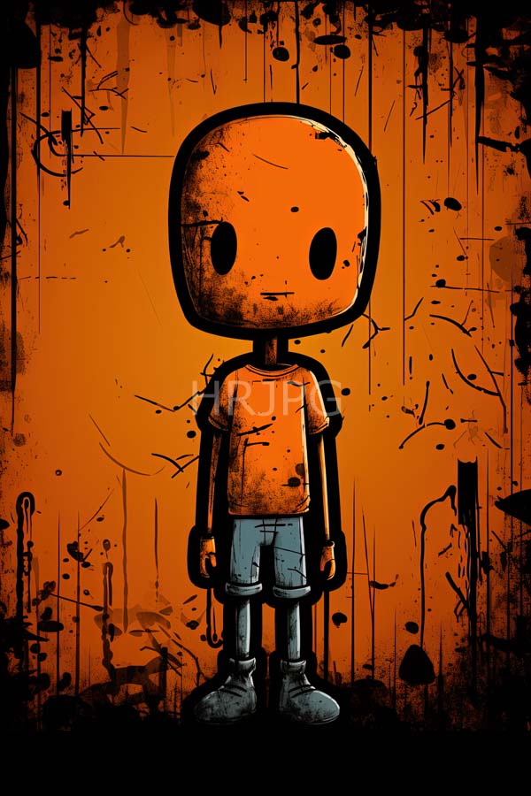 High Resolution: Stylized cartoonish character large round orange head featuring two black circular eyes character wears orange slightly tattered t-shirt blue-gray download. | HRJPG.com