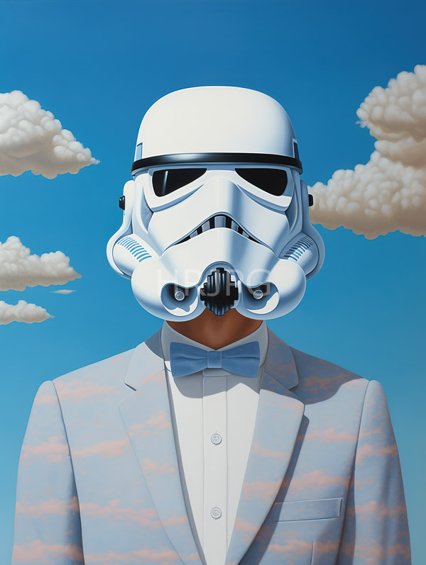 High Resolution: Man white Stormtrooper helmet wearing light blue suit pink cloud patterns white shirt He stands against bright blue sky download. | HRJPG.com