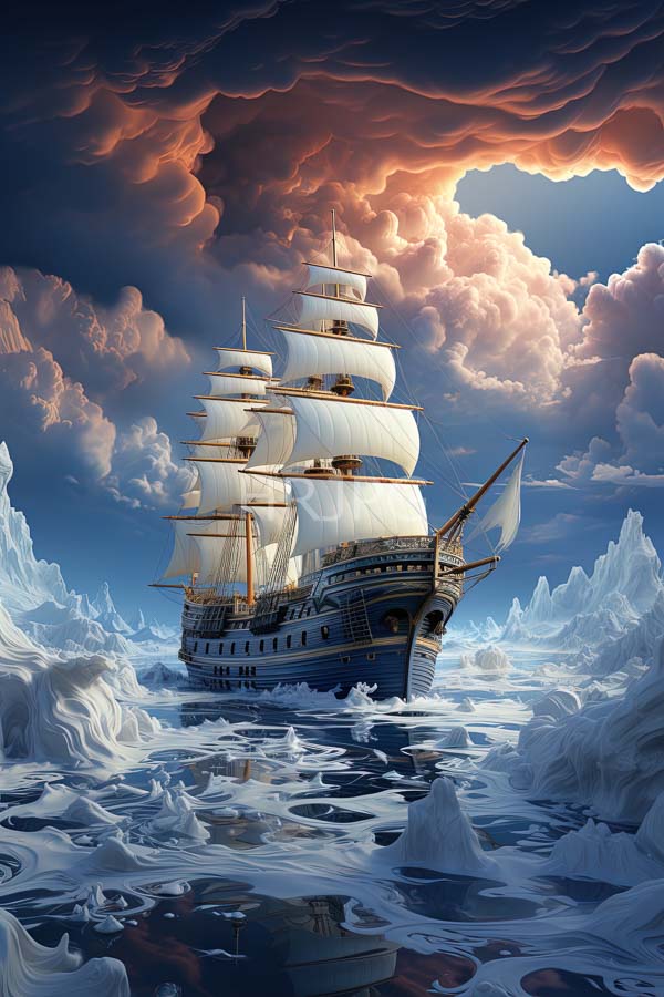 High Resolution: Majestic three-masted ship white sails navigating through icy waters ship dark wooden hull gold accents surrounded jagged icebergs download. | HRJPG.com