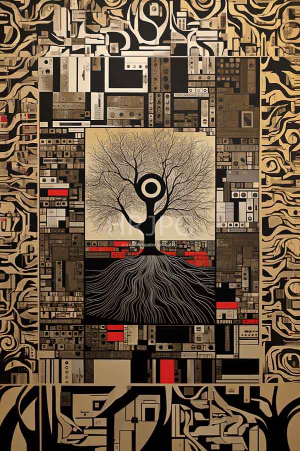 High Resolution: Central leafless tree black trunk and branches surrounded intricate abstract geometric patterns black beige and red download. | HRJPG.com