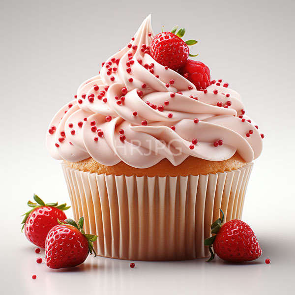 High Resolution: Vanilla cupcake swirled pink frosting adorned red strawberry slices tiny red sugar pearls cupcake beige ridged paper liner two download. | HRJPG.com