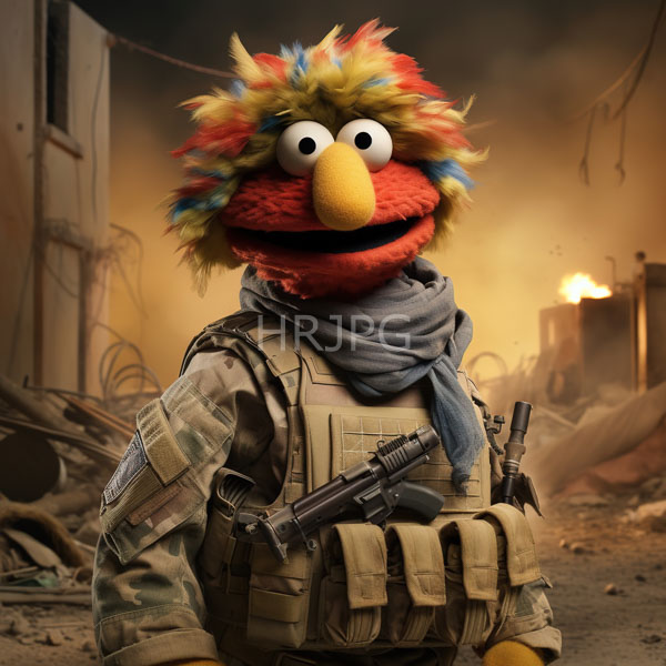High Resolution: Elmo Muppet character dressed military-style camouflage uniform blue scarf holding rifle He has colorful feathered head and large white download. | HRJPG.com
