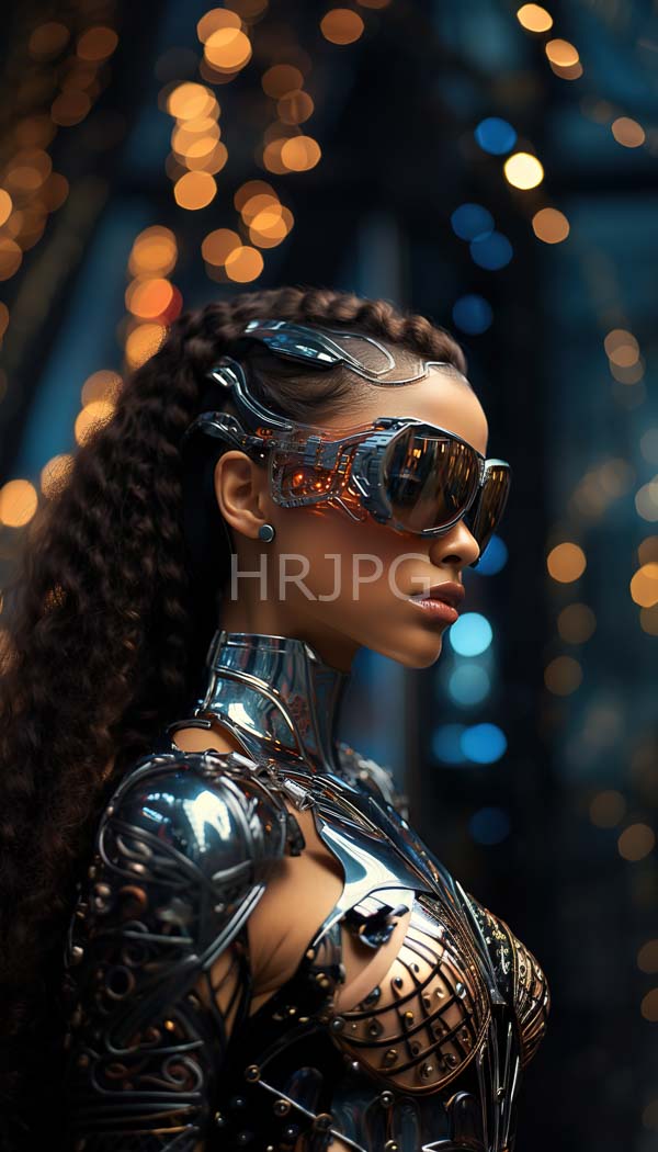 High Resolution: Futuristic dark-skinned woman long curly hair wearing reflective metallic armor suit large mirrored goggles Her armor features intricate patterns download. | HRJPG.com