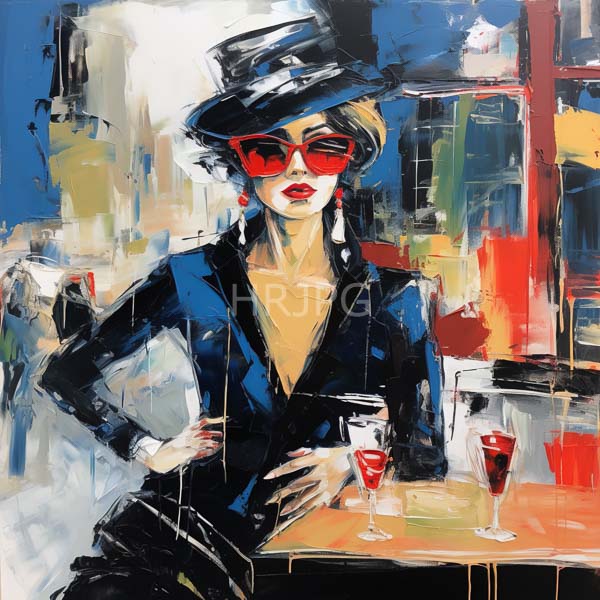 High Resolution: Vibrant abstract-style stylish woman seated table cafe She wears black top hat red sunglasses blue jacket over beige download. | HRJPG.com