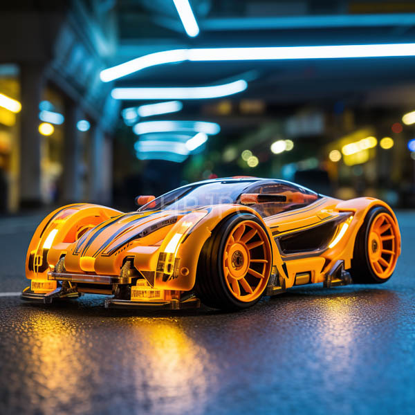 High Resolution: Highly detailed orange and black futuristic sports car large wheels aerodynamic design illuminated neon lights modern urban parking download. | HRJPG.com
