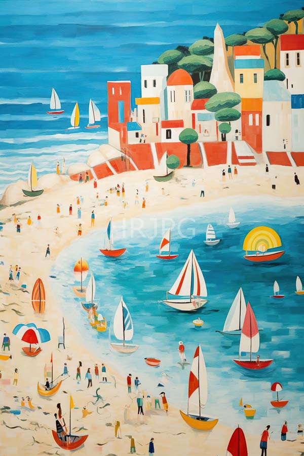 High Resolution: Colorful stylized lively beach scene foreground numerous small sailboats red white and yellow sails turquoise sea download. | HRJPG.com