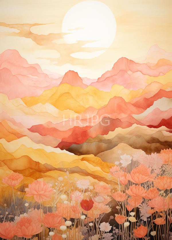 High Resolution: Watercolor-style vibrant mountain landscape sunset foreground features field pink and orange chrysanthemums midground showcases layered multi-hued mountains download. | HRJPG.com