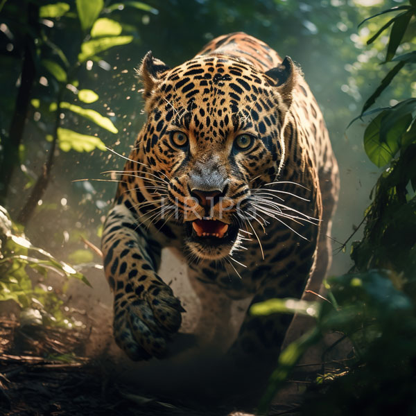 High Resolution: Fierce roaring jaguar striking yellow eyes black-spotted golden fur running through dense sunlit jungle Leaves and sunlight filter through download. | HRJPG.com