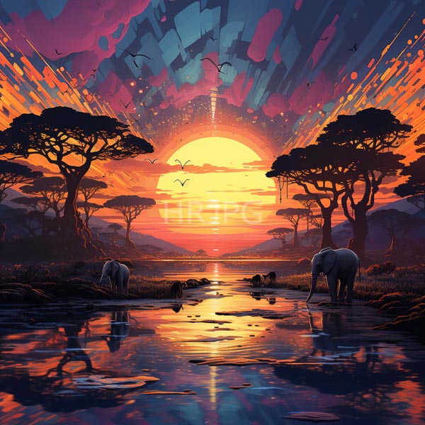 High Resolution: Vibrant sunset over savanna Two elephants drink from reflective waterhole surrounded acacia trees sky ablaze orange pink and purple download. | HRJPG.com