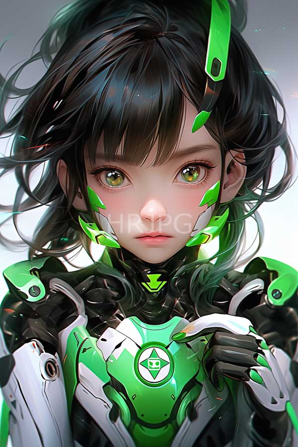 High Resolution: Young anime-style girl large green eyes black wavy hair She wears futuristic green and white armored suit glowing green download. | HRJPG.com