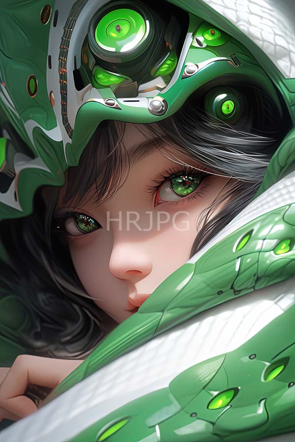 High Resolution: Young woman large green glowing eyes black wavy hair partially hidden green futuristic snake-like helmet glowing green accents download. | HRJPG.com