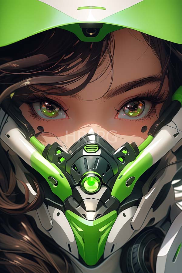 High Resolution: Young woman green eyes wearing futuristic green and white helmet matching mask Her brown hair partially visible and mask features download. | HRJPG.com