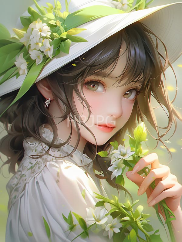 High Resolution: Anime-style young woman fair skin large green eyes wavy dark brown hair She wears white floral-adorned hat and high-collared white download. | HRJPG.com