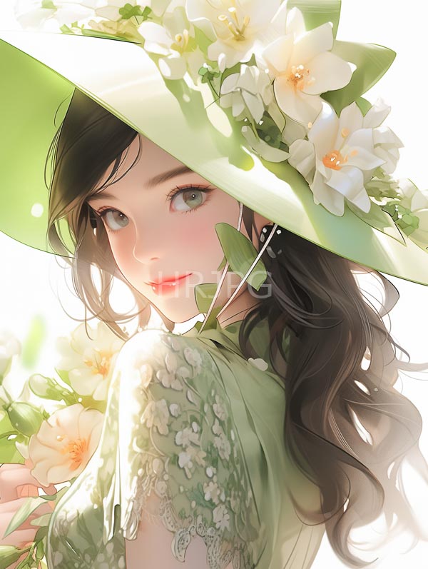 High Resolution: Anime-style young woman fair skin large green eyes wavy dark brown hair She wears large green flower-adorned hat and green download. | HRJPG.com