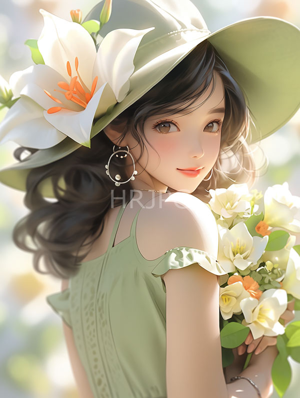High Resolution: Young Asian woman fair skin wavy black hair wearing green off-shoulder dress wide-brimmed green hat adorned large white lily download. | HRJPG.com