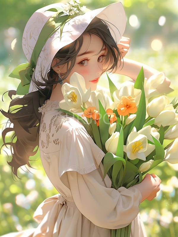 High Resolution: Anime-style young woman long wavy brown hair wearing white lace dress white sunhat green ribbon holds bouquet white and download. | HRJPG.com