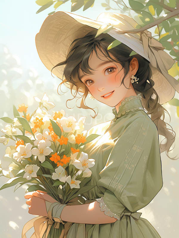 High Resolution: Anime-style young woman fair skin brown hair wearing green dress wide-brimmed hat holds bouquet white and orange flowers download. | HRJPG.com