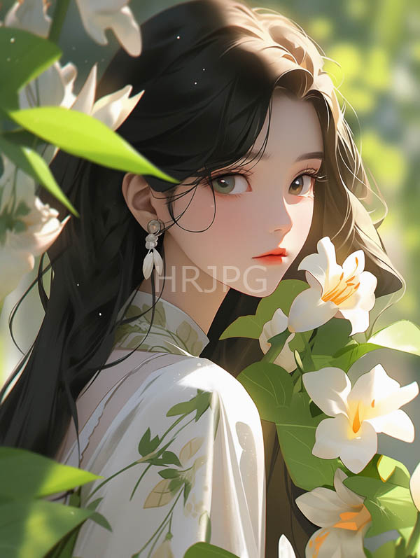 High Resolution: Anime-style young woman long black hair fair skin green eyes surrounded white lilies and green leaves She wears white floral-patterned download. | HRJPG.com