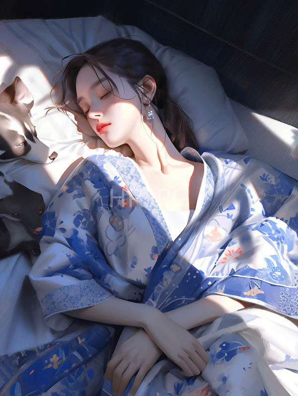 High Resolution: Sleeping Asian woman fair skin dark hair wearing blue floral kimono lying white pillow She has red lipstick closed eyes download. | HRJPG.com