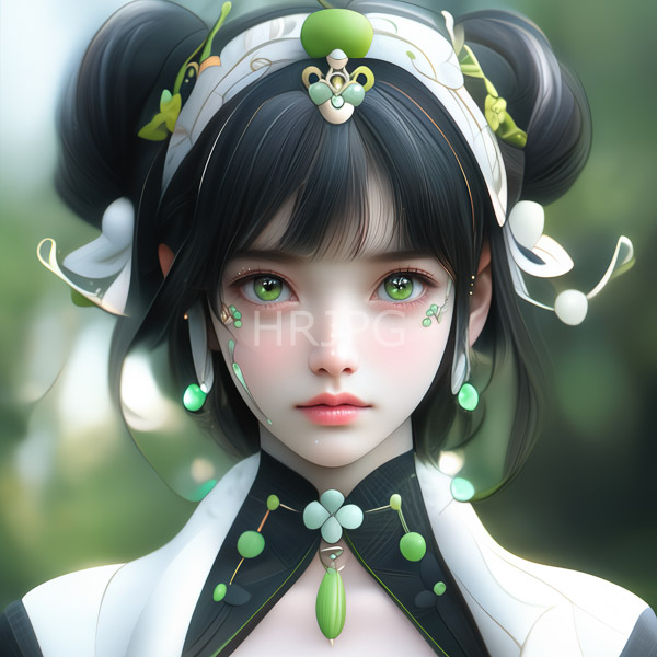 High Resolution: Young fair-skinned woman large green eyes black hair styled two buns She wears white and green intricately decorated headpiece download. | HRJPG.com