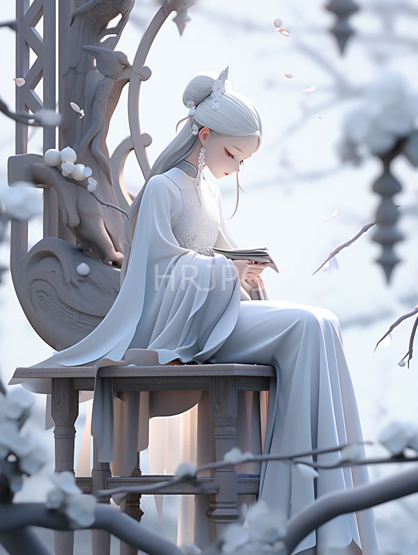 High Resolution: Serene fair-skinned woman white hair elegant long-sleeved flowing blue dress sitting ornate snow-covered wooden chair She reading book surrounded download. | HRJPG.com